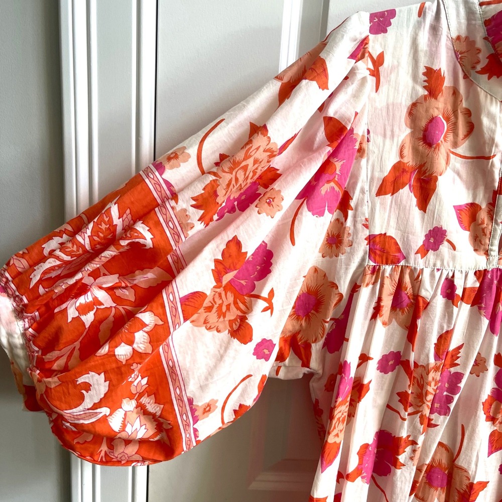Karni Floral Midi Dress Womens Large Orange Pink Boho Cottagecore Balloon Sleeve - Picture 5 of 11